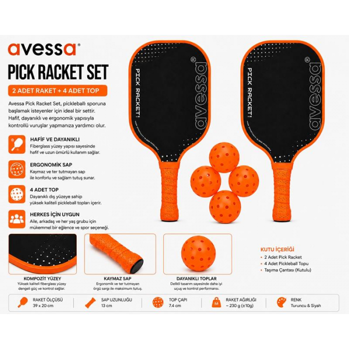 Avessa Pkl-Set-200 Fiberglass Pıckle Raket Set Turuncu Avessa Pkl-Set-200 Fiberglass Pıckle Raket Set Turuncu